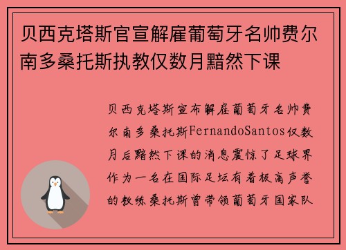 贝西克塔斯官宣解雇葡萄牙名帅费尔南多桑托斯执教仅数月黯然下课