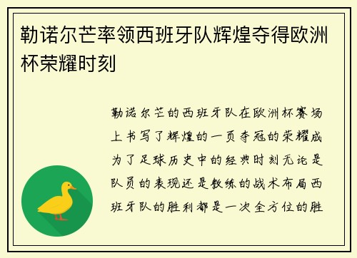 勒诺尔芒率领西班牙队辉煌夺得欧洲杯荣耀时刻
