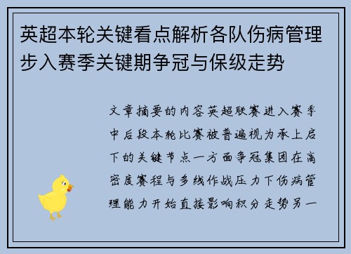 英超本轮关键看点解析各队伤病管理步入赛季关键期争冠与保级走势